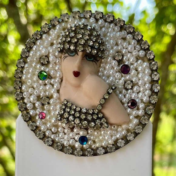 Vintage Jewelry - Vintage Flapper Girl Brooch Rhinestone and Faux Pearl Art Deco Revival